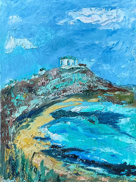 "Coastal Vibes" oil painting cropped to the dimensions of a greeting card